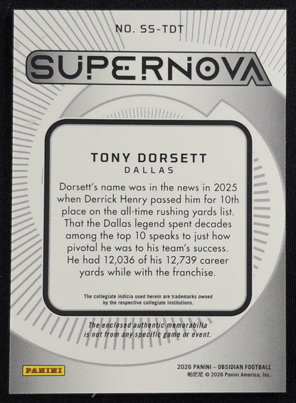 Tony Dorsett 2026 Panini Obsidian Supernova Swatches Cowboys