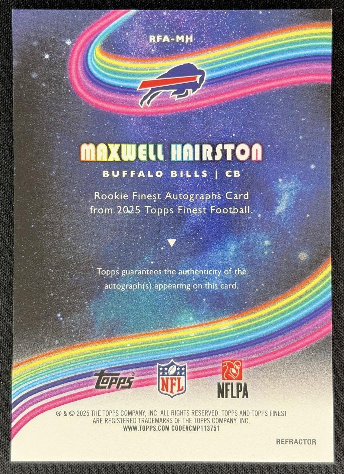 Maxwell Hairston 2025 Topps Finest Rookie Auto Refractor Bills Back