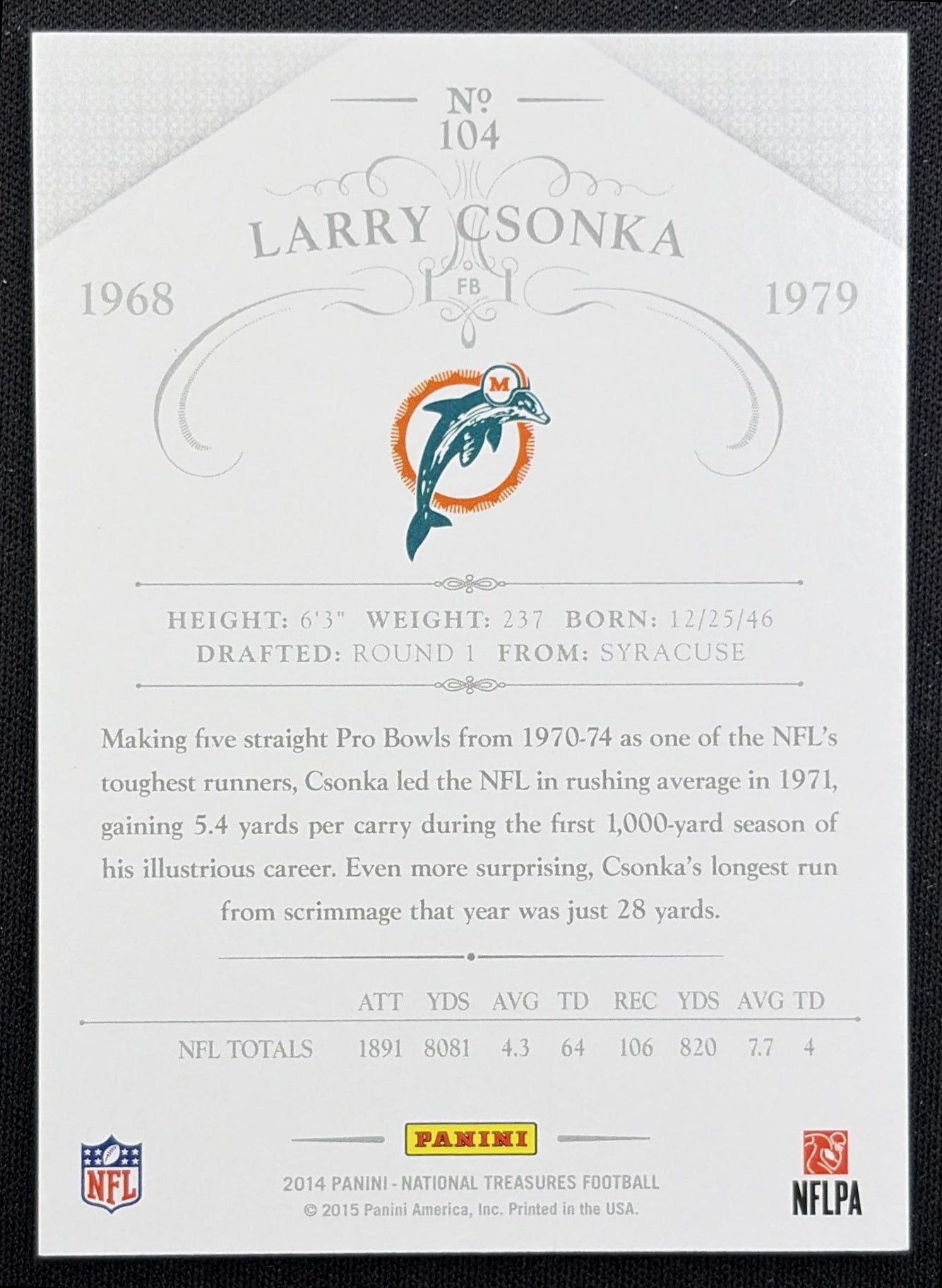 Larry Csonka 2014 Panini National Treasures Century Numbers /39 Dolphins