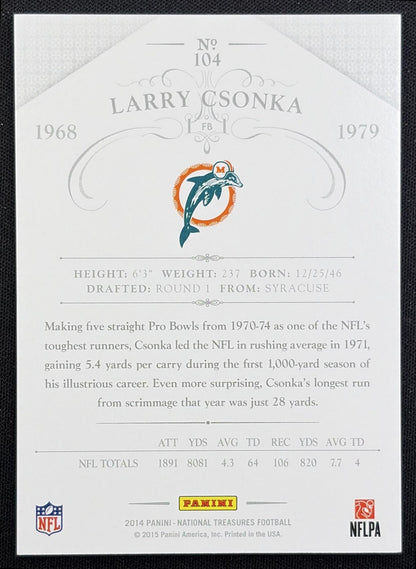 Larry Csonka 2014 Panini National Treasures Century Numbers /39 Dolphins
