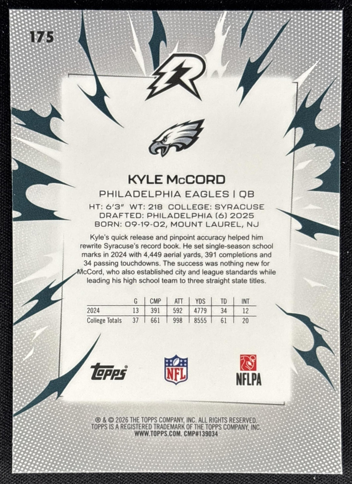 Kyle McCord 2025 Topps Resurgence Blue and Orange Spark Refractor Eagles