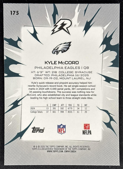 Kyle McCord 2025 Topps Resurgence Blue and Orange Spark Refractor Eagles