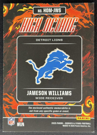 Jameson Williams 2025 Rookies & Stars High Octane Memorabilia Prime /49 Lions Sports Trading Cards