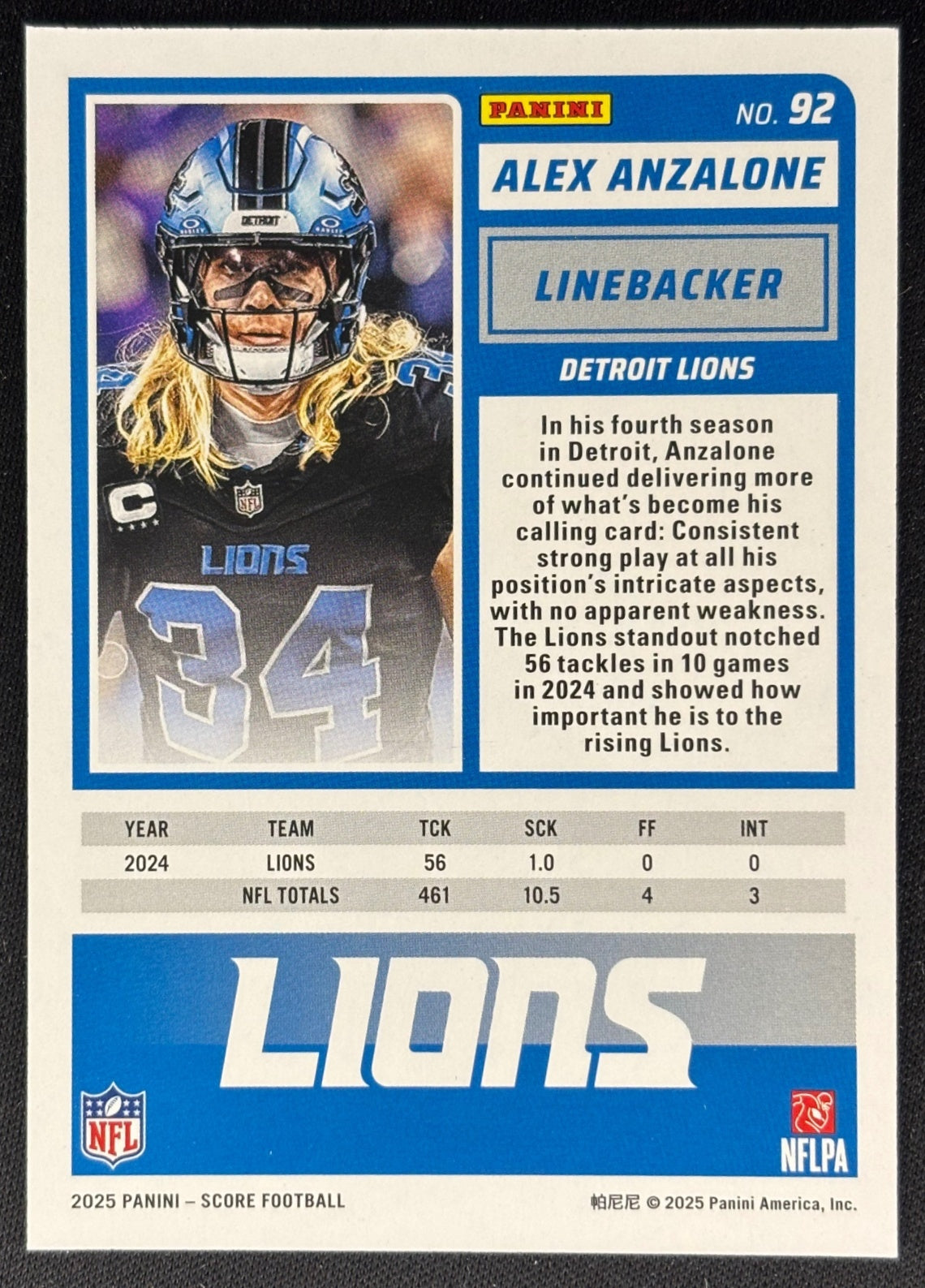 Alex Anzalone 2025 Score Cubic /185 Lions Sports Trading Cards