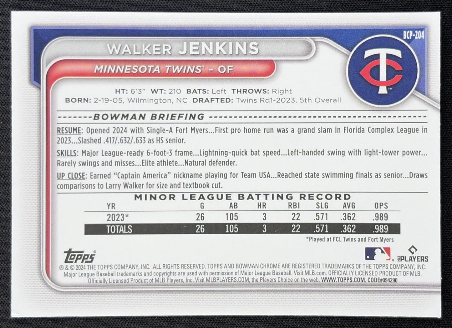 Walker Jenkins 2024 Bowman Chrome Prospects Mega Box Mojo Refractor Twins