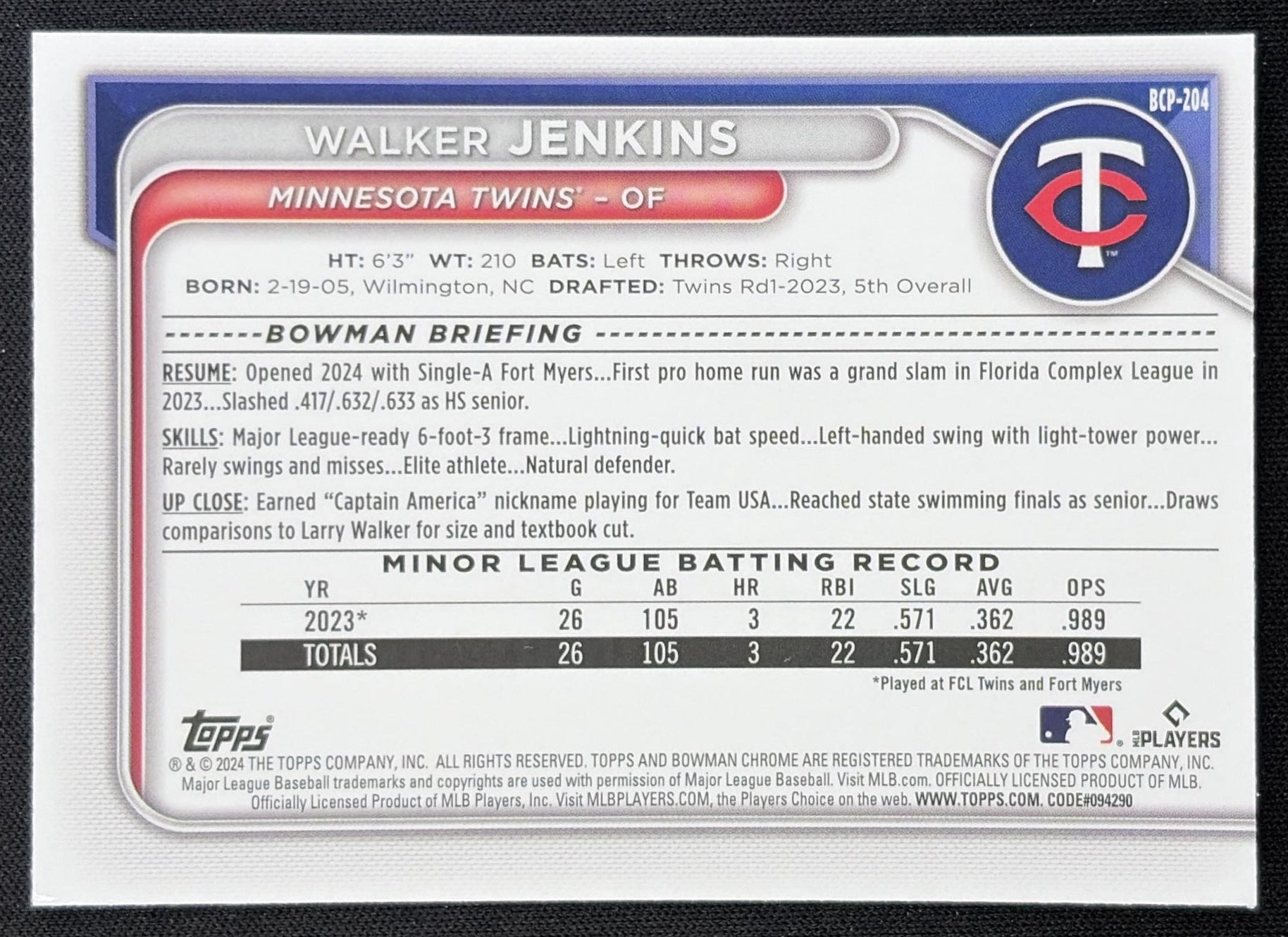 Walker Jenkins 2024 Bowman Chrome Prospects Mega Box Mojo Refractor Twins