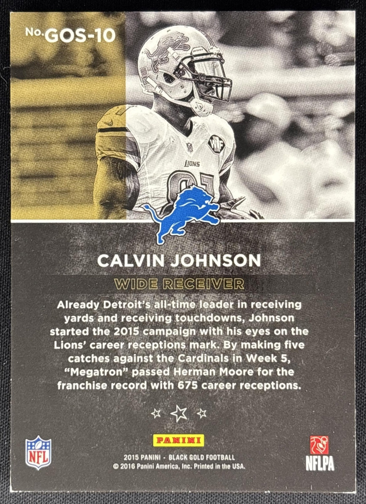 Calvin Johnson 2015 Panini Black Gold Stars White Foil /25 Lions Sports Trading Card