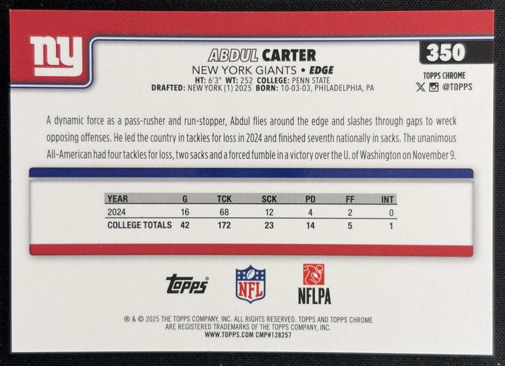 Abdul Carter 2025 Topps Chrome Sapphire Orange Refractor /25 Giants Back