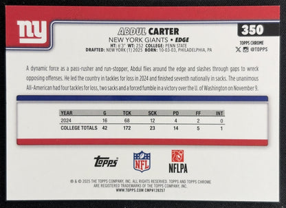 Abdul Carter 2025 Topps Chrome Sapphire Orange Refractor /25 Giants Back