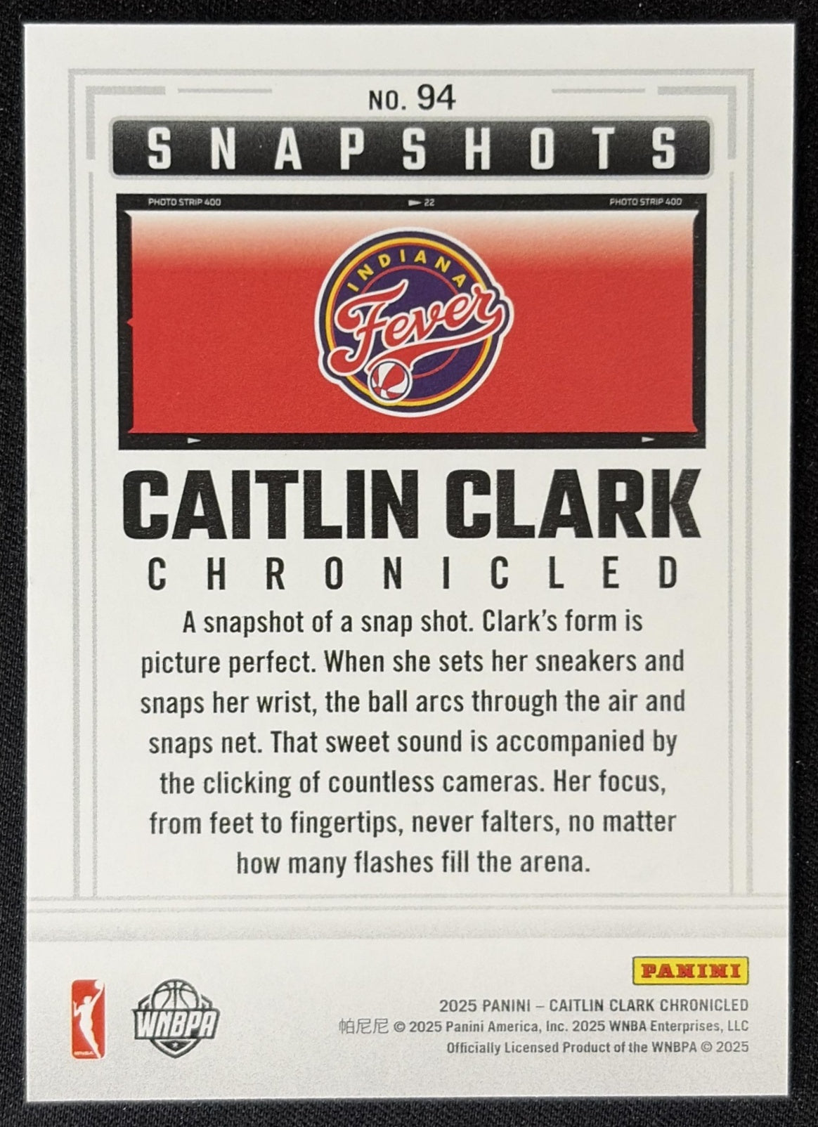 Caitlin Clark 2025 Panini Chronicled Snap Shots Fever 94 Sports Trading Card