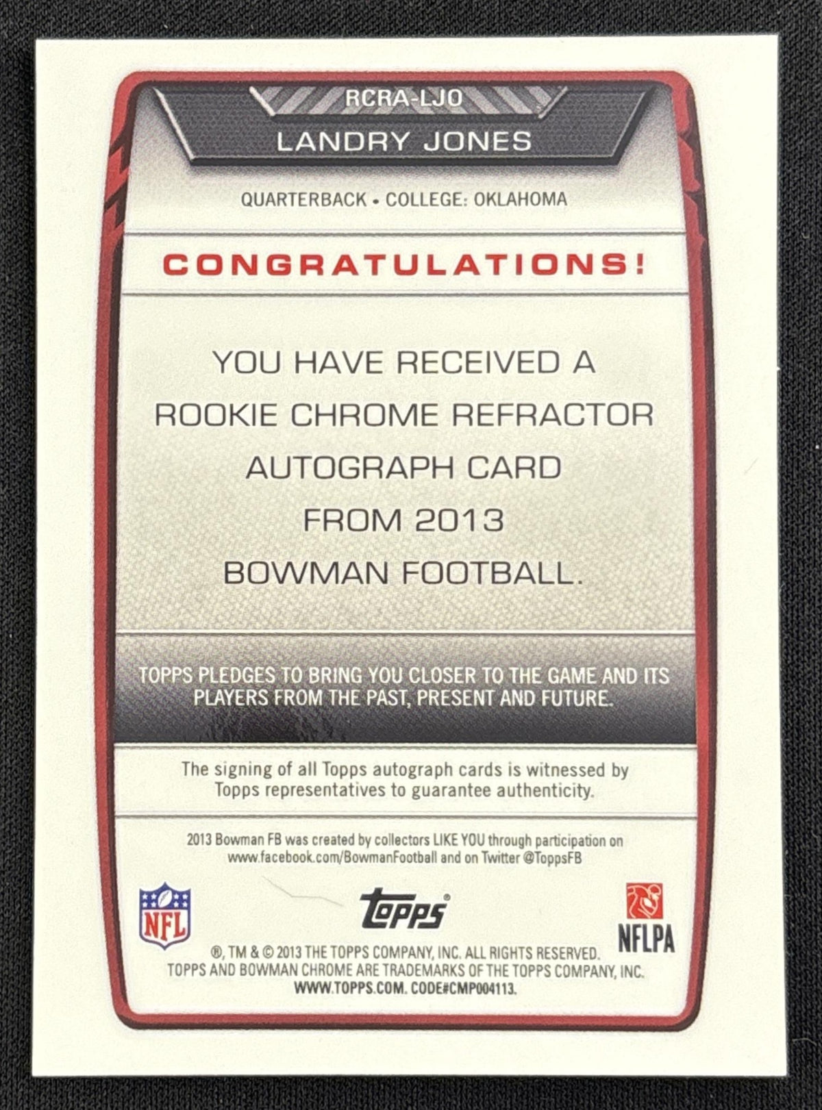 Landry Jones 2013 Bowman Chrome Rookie Auto Blue Refractor /99 Sooners