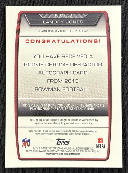 Landry Jones 2013 Bowman Chrome Rookie Auto Blue Refractor /99 Sooners