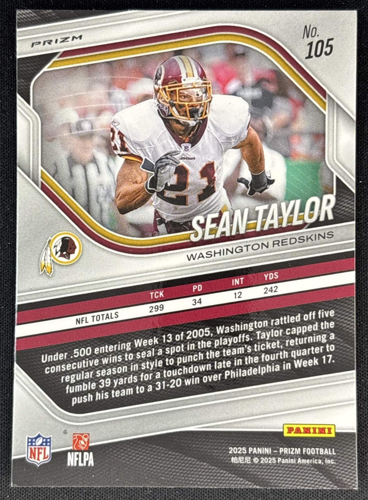 Sean Taylor 2025 Panini Prizm Silver Redskins Back
