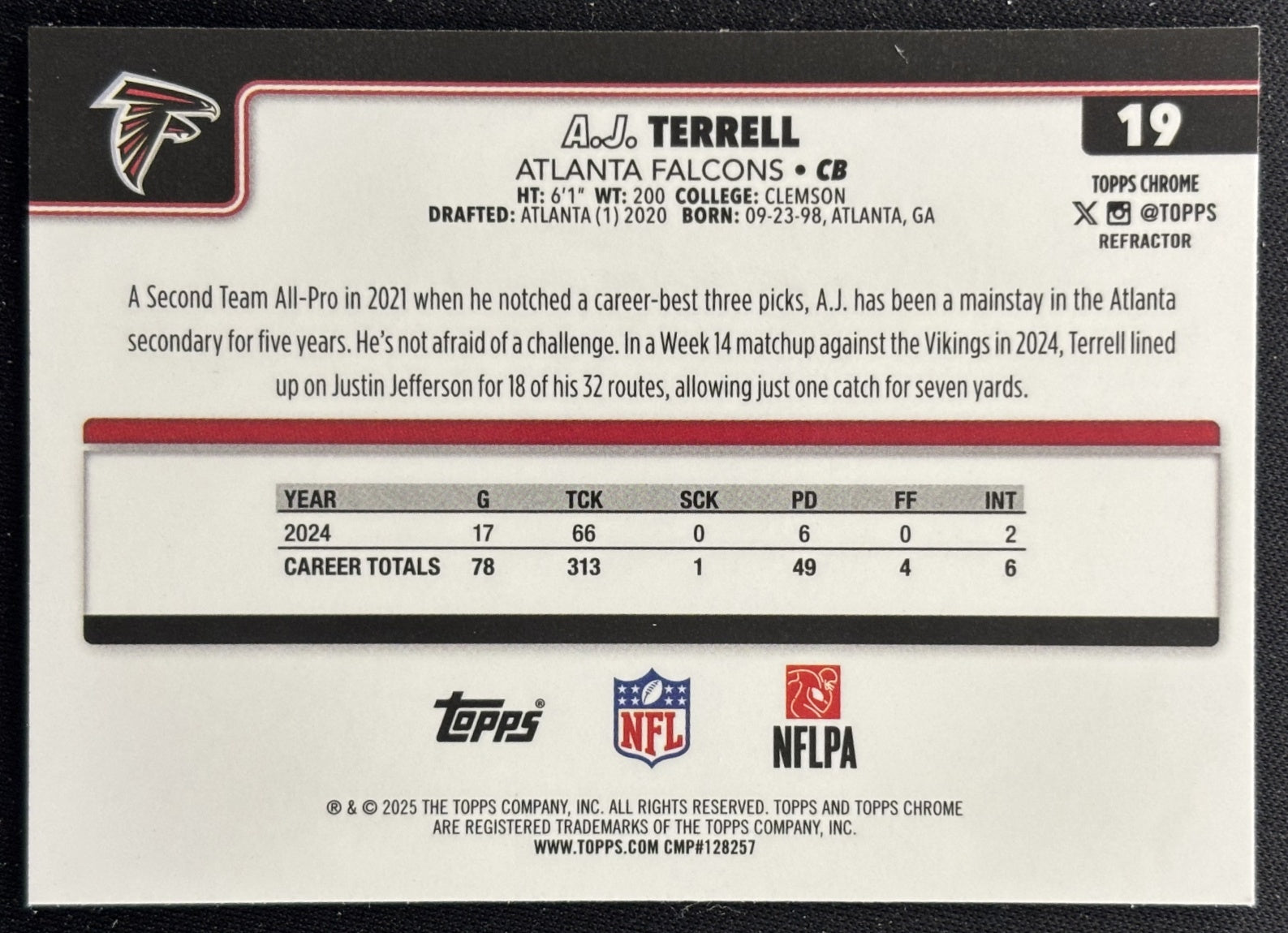 A.J. Terrell 2025 Topps Chrome Refractor Falcons Sports Trading Cards
