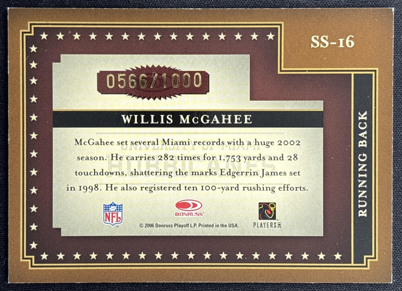 Willis McGahee 2006 Donruss Classics Saturday Stars Bronze /1000 Hurricanes back