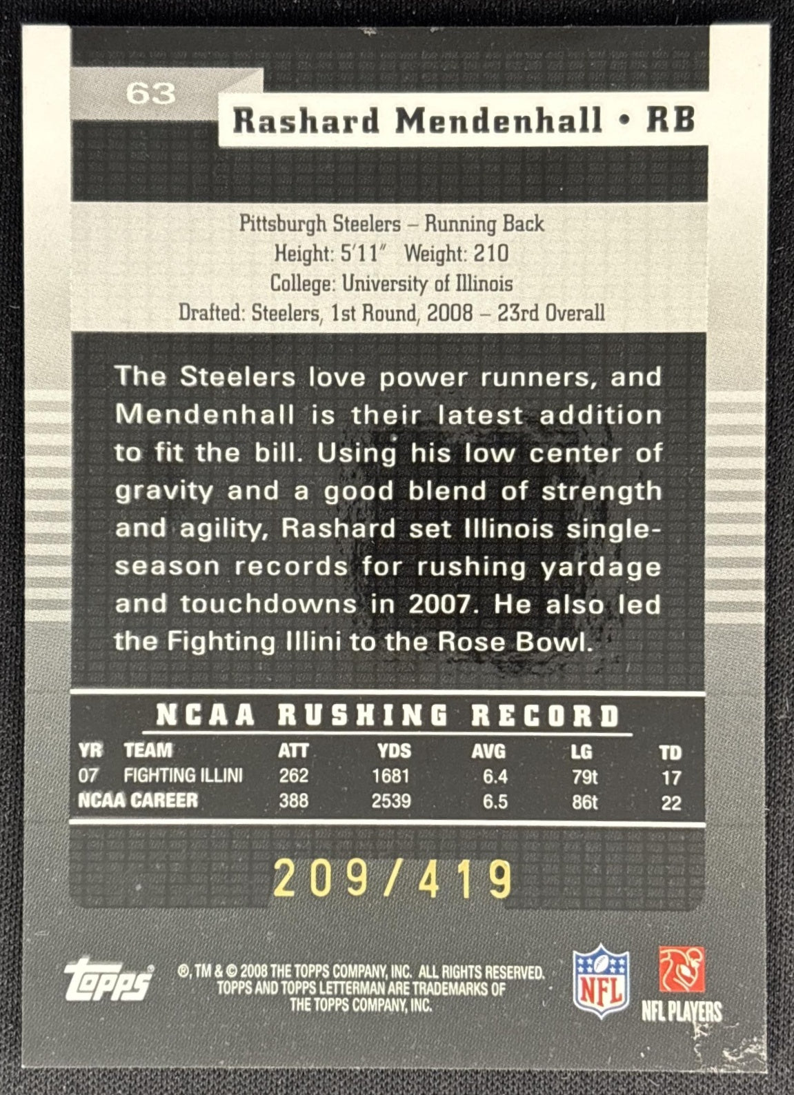 Rashard Mendenhall 2008 Topps Letterman /419 Steelers back