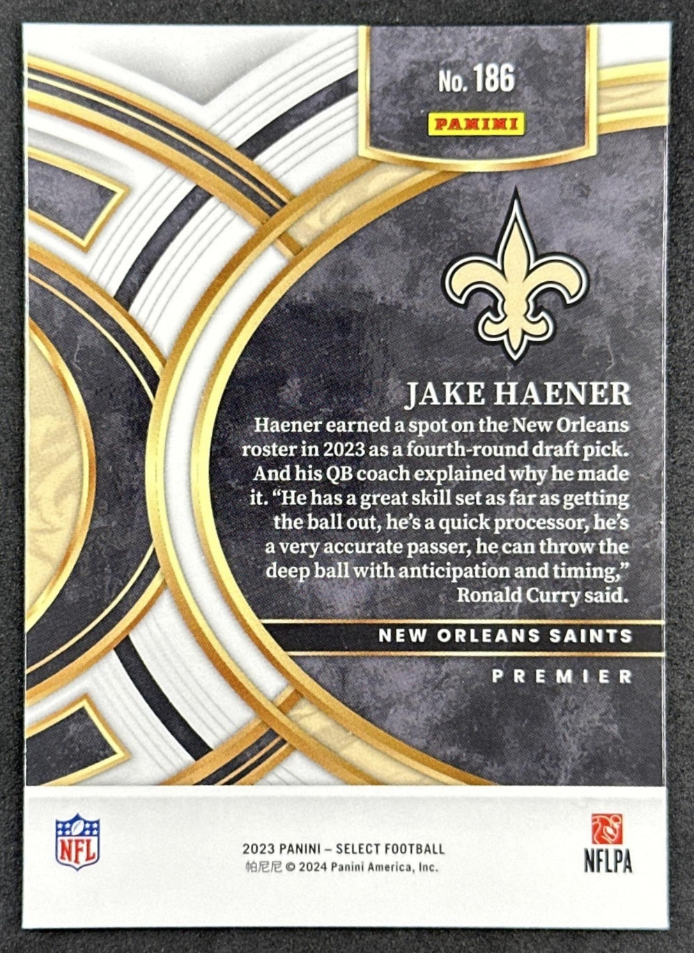 Jake Haener 2023 Panini Select Premier Level Saints back sports trading card