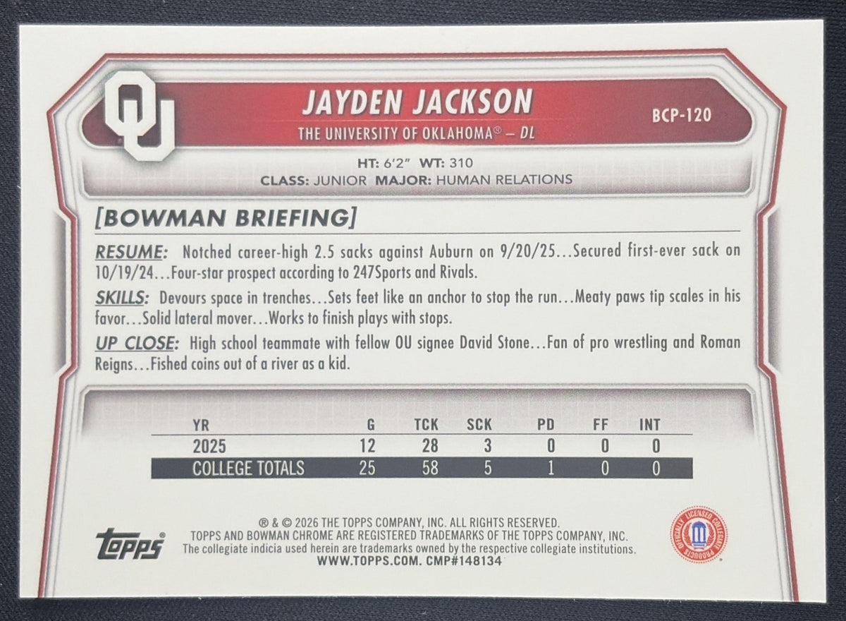 Jayden Jackson 2026 Bowman Chrome Prospects Mojo Refractor Sooners
