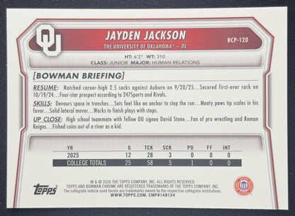 Jayden Jackson 2026 Bowman Chrome Prospects Mojo Refractor Sooners