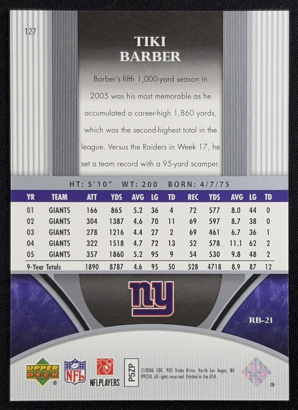 Tiki Barber 2006 Upper Deck Ultimate Collection /525 Giants