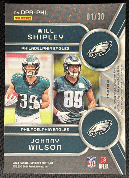 Will Shipley Johnny Wilson 2024 Spectra Dual Patch Auto Neon Purple /30 Sports Trading Cards
