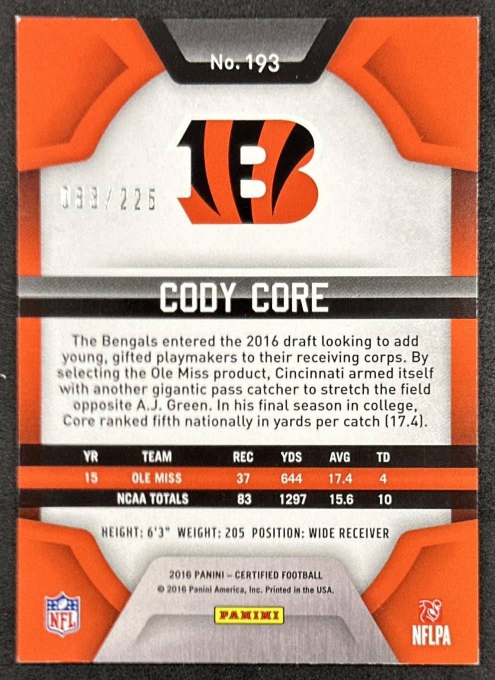 Cody Core 2016 Panini Certified Mirror Orange /225 Bengals back