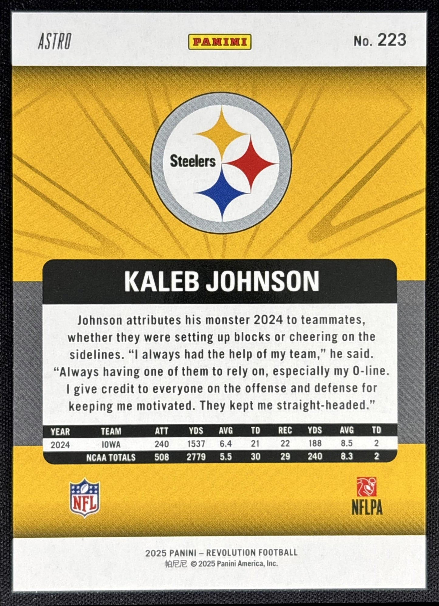 Kaleb Johnson 2025 Panini Revolution Rookies Red Astro Steelers back