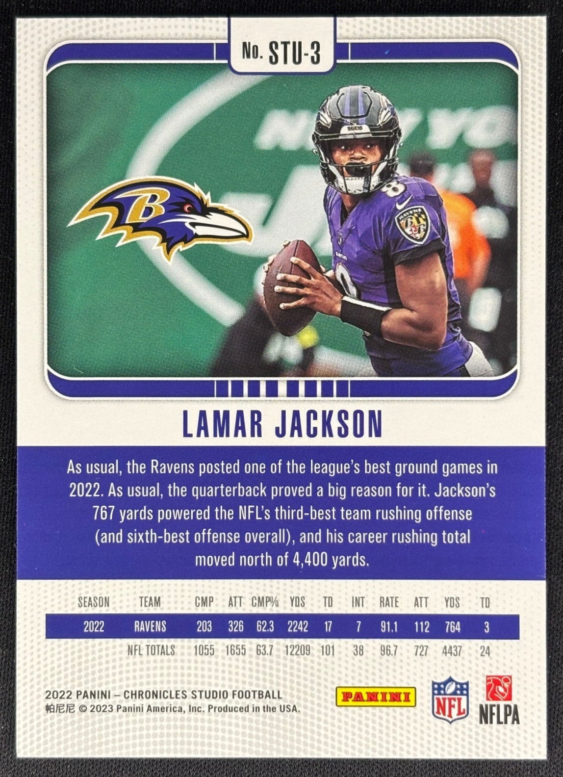 Lamar Jackson 2022 Chronicles Studio Blue /49 Ravens back