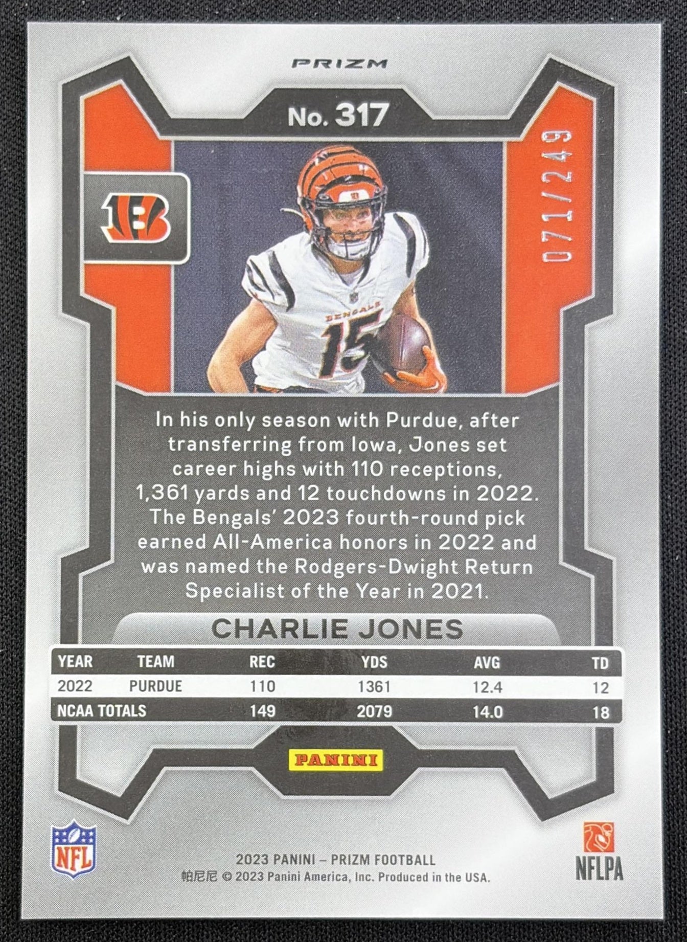 Charlie Jones 2023 Panini Prizm Orange /249 Bengals