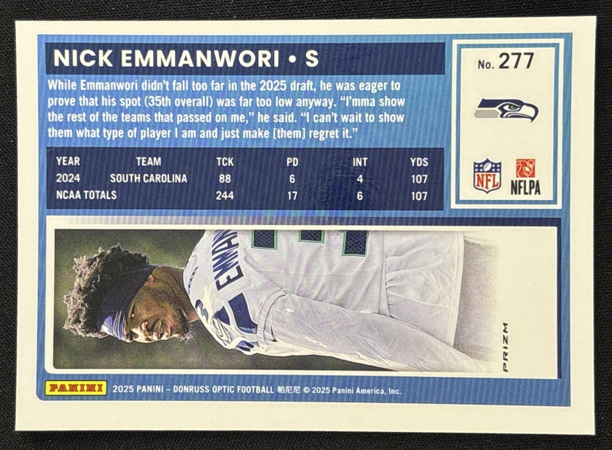 Nick Emmanwori 2025 Panini Donruss Optic Rated Rookie Green Velocity Prizm Seahawks Sports Trading Card