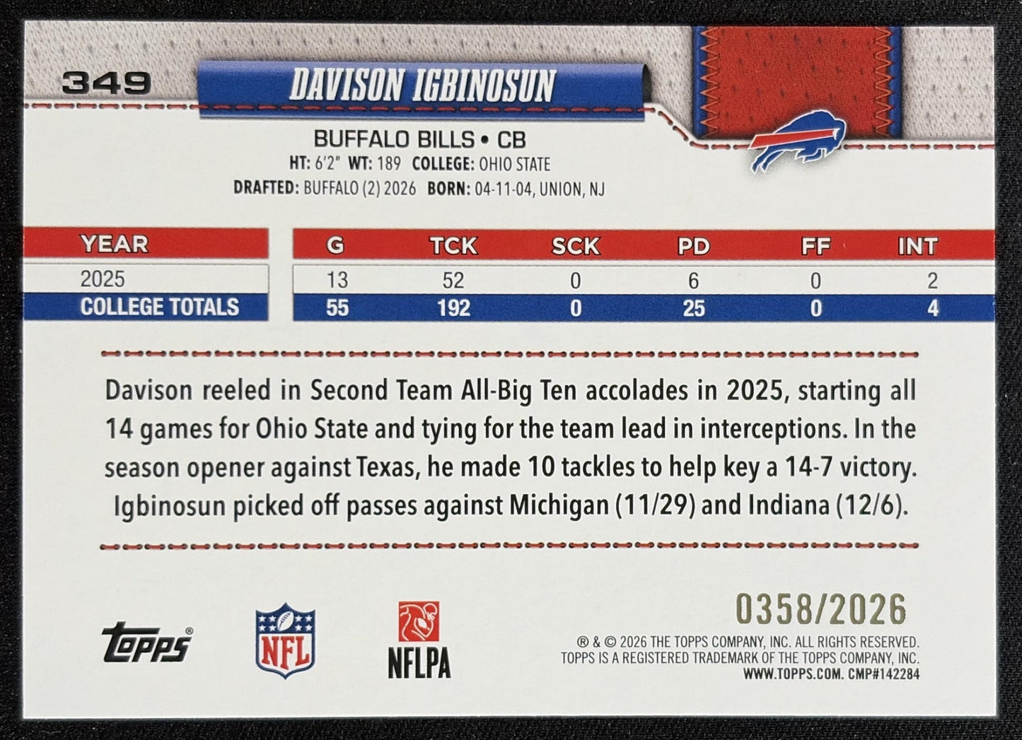 Davison Igbinosun 2026 Topps Gold /2026 Bills - back