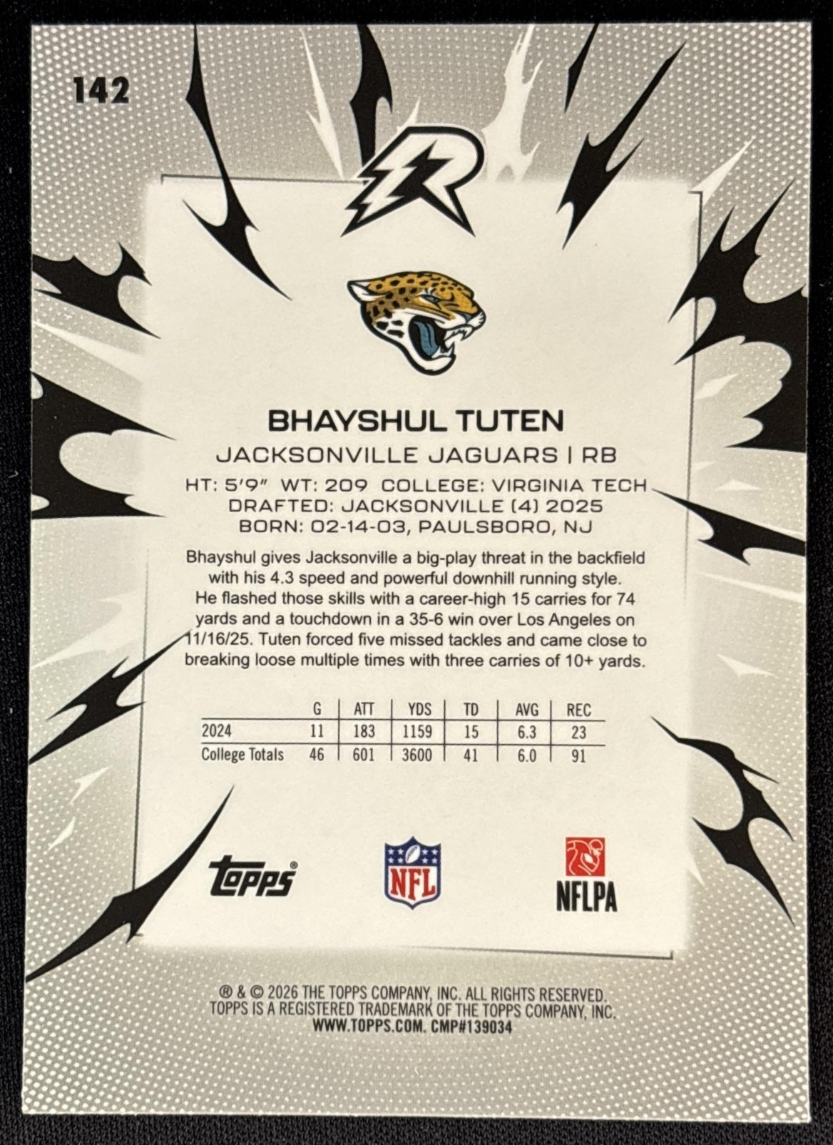 Bhayshul Tuten 2025 Topps Resurgence Sky Blue and Pink Shock Refractor Jaguars Jacksonville Jaguars Sports Trading Cards