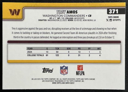 Trey Amos 2025 Topps Chrome Rookie Commanders Sports Trading Cards