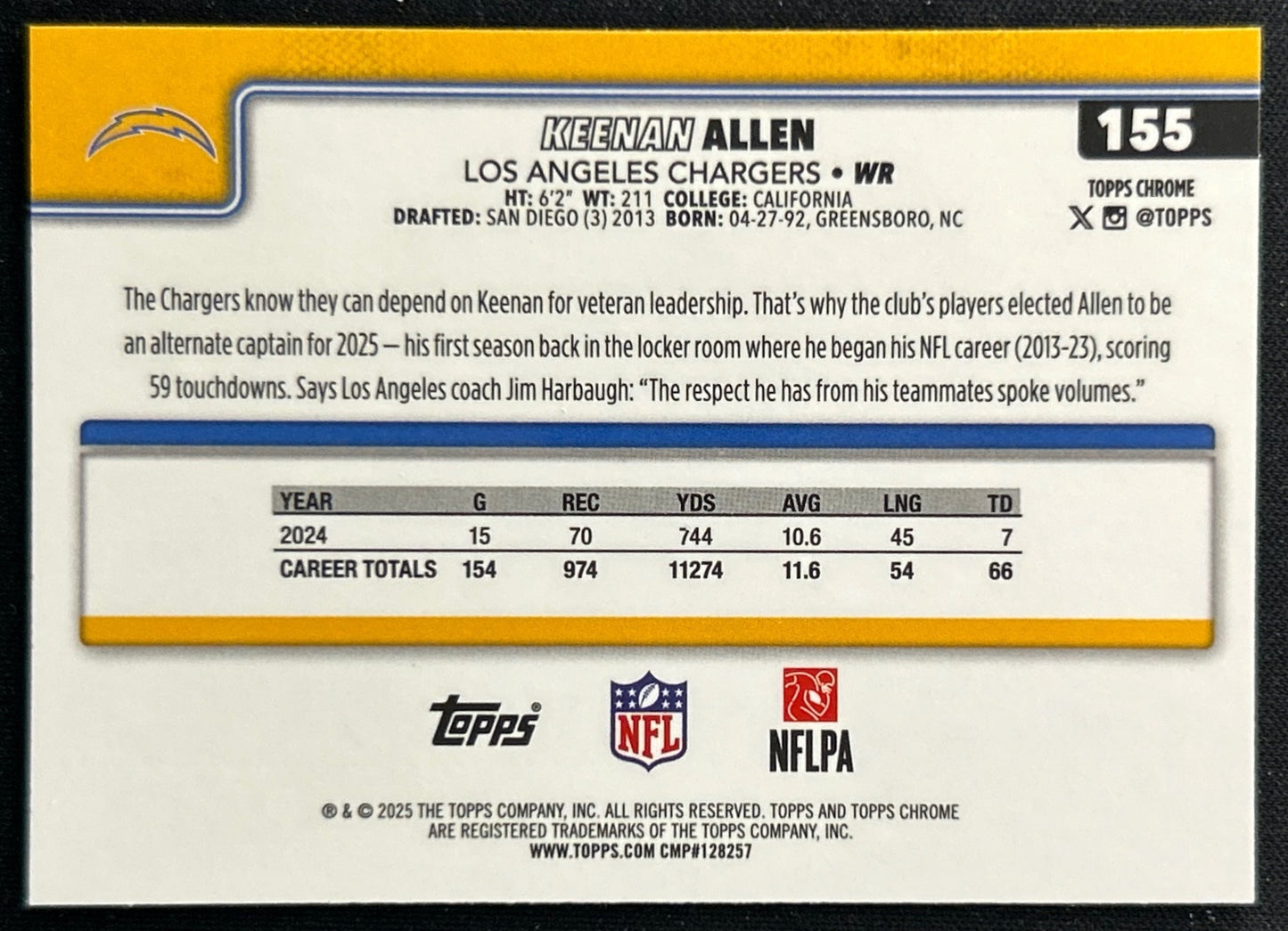 Keenan Allen 2025 Topps Chrome Chargers Sports Trading Cards