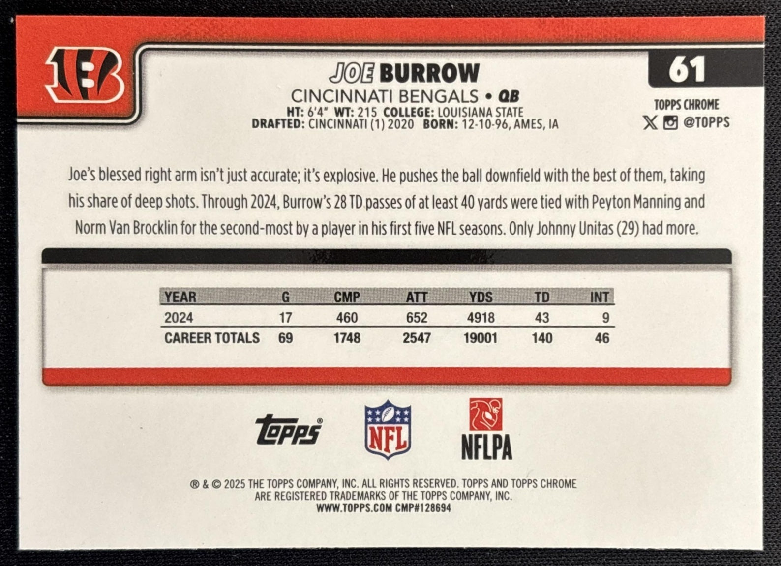 Joe Burrow 2025 Topps Chrome Etch Variation Bengals back
