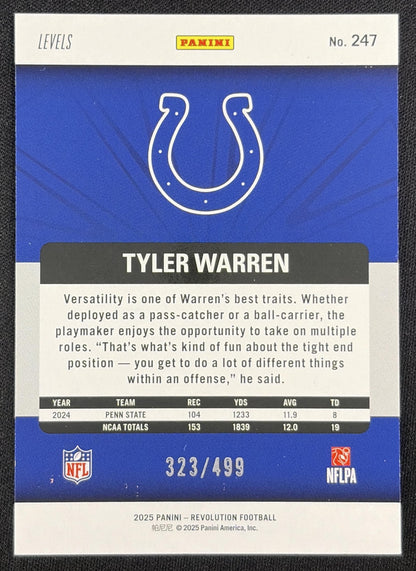 Tyler Warren 2025 Panini Revolution Rookies Teal Levels /499 Indianapolis Colts