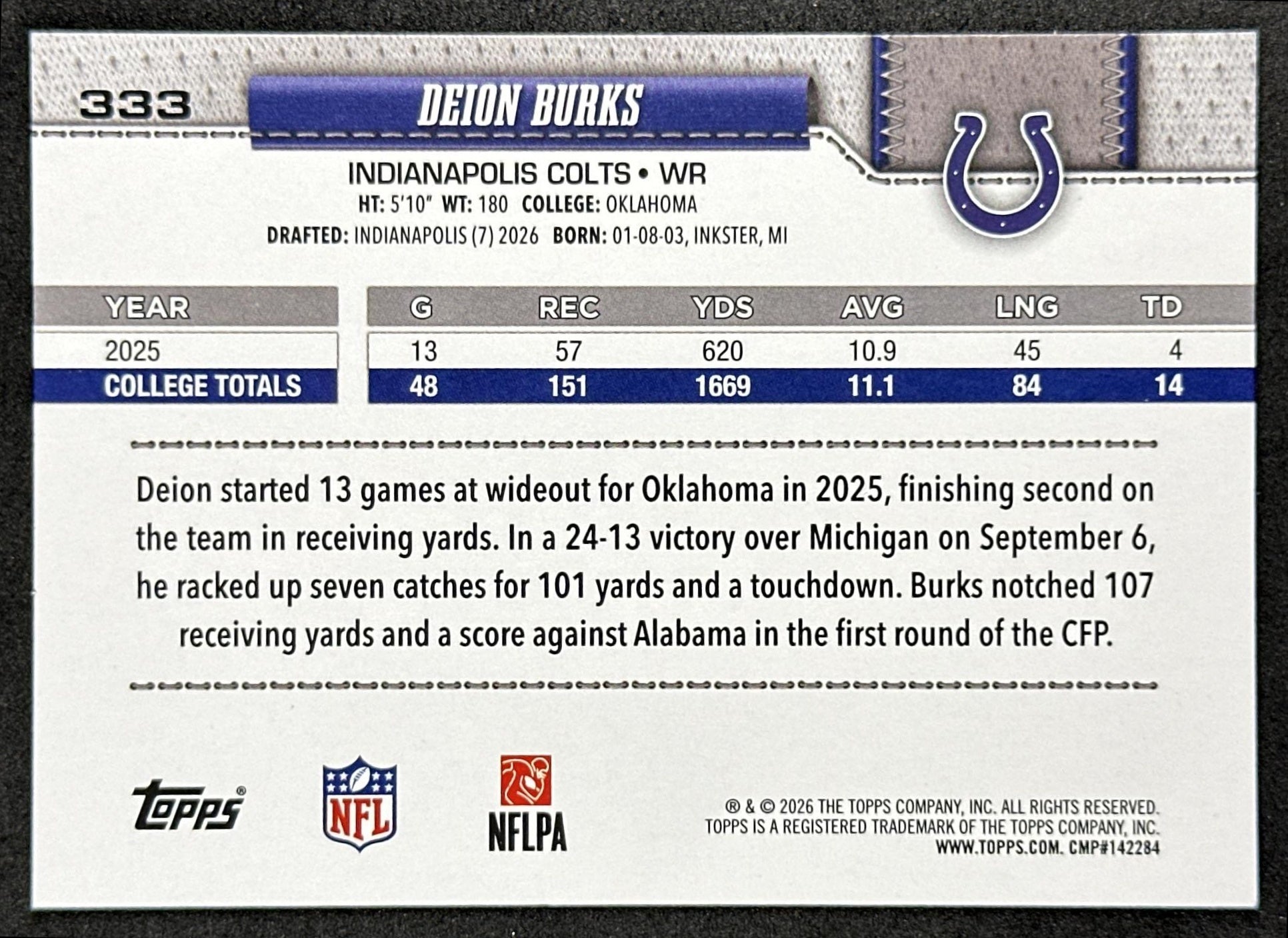 Deion Burks 2026 Topps Flagship Rookie Colts Sports Trading Cards