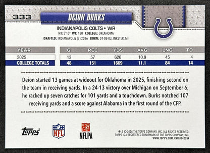 Deion Burks 2026 Topps Flagship Rookie Colts Sports Trading Cards