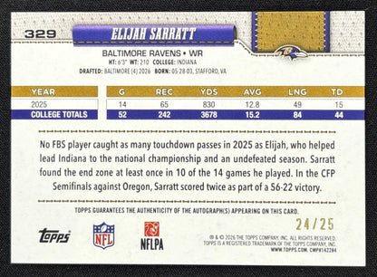 Elijah Sarratt 2026 Topps Real One Auto Orange Foil /25 Ravens