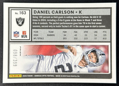 Daniel Carlson 2025 Panini Donruss Optic Neon Blue Prizm /399 Raiders Sports Trading Cards
