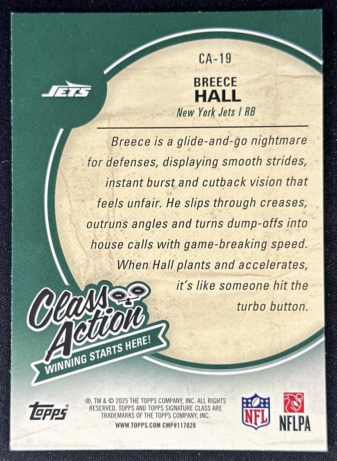 Breece Hall 2025 Topps Signature Class Action Jets back