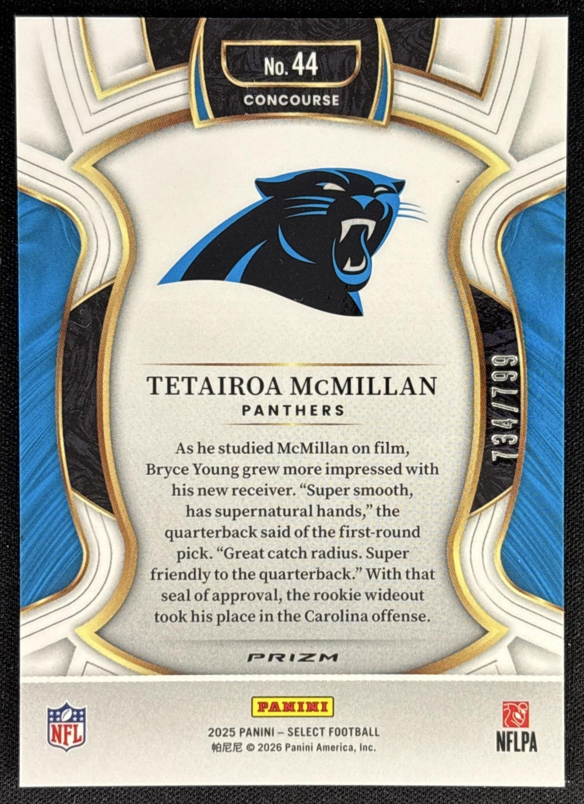 Tetairoa McMillan 2025 Panini Select Concourse White Prizm Shock /799 Panthers Sports Trading Card