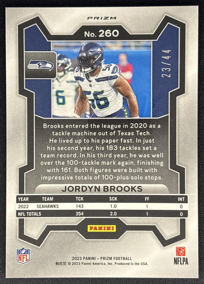 Jordyn Brooks 2023 Panini Prizm Red and Yellow /44 Seahawks Sports Trading Cards