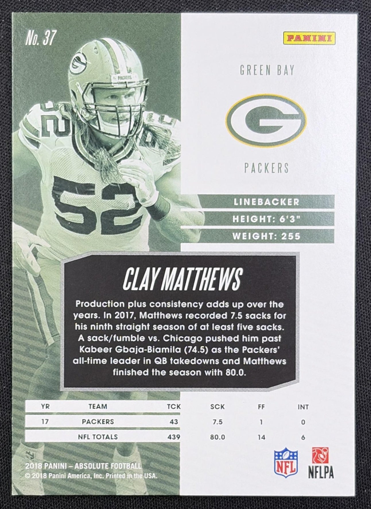 Clay Matthews 2018 Panini Absolute Spectrum Gold Packers