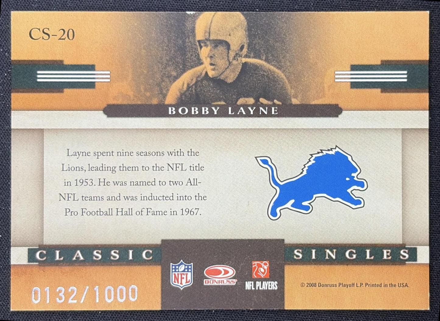 Bobby Layne 2008 Donruss Classics Classic Singles /1000 Lions Detroit Lions back