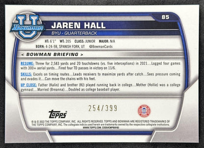 Jaren Hall 2022 Bowman University Chrome Purple Mini Diamond Refractor /399 Sports Trading Card
