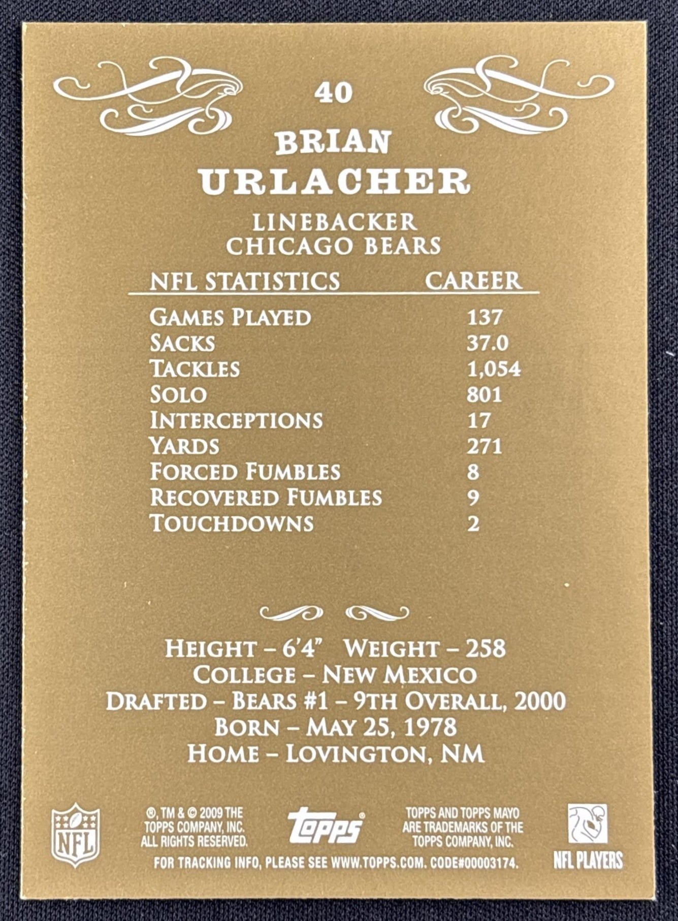 Brian Urlacher 2009 Topps Mayo Bears
