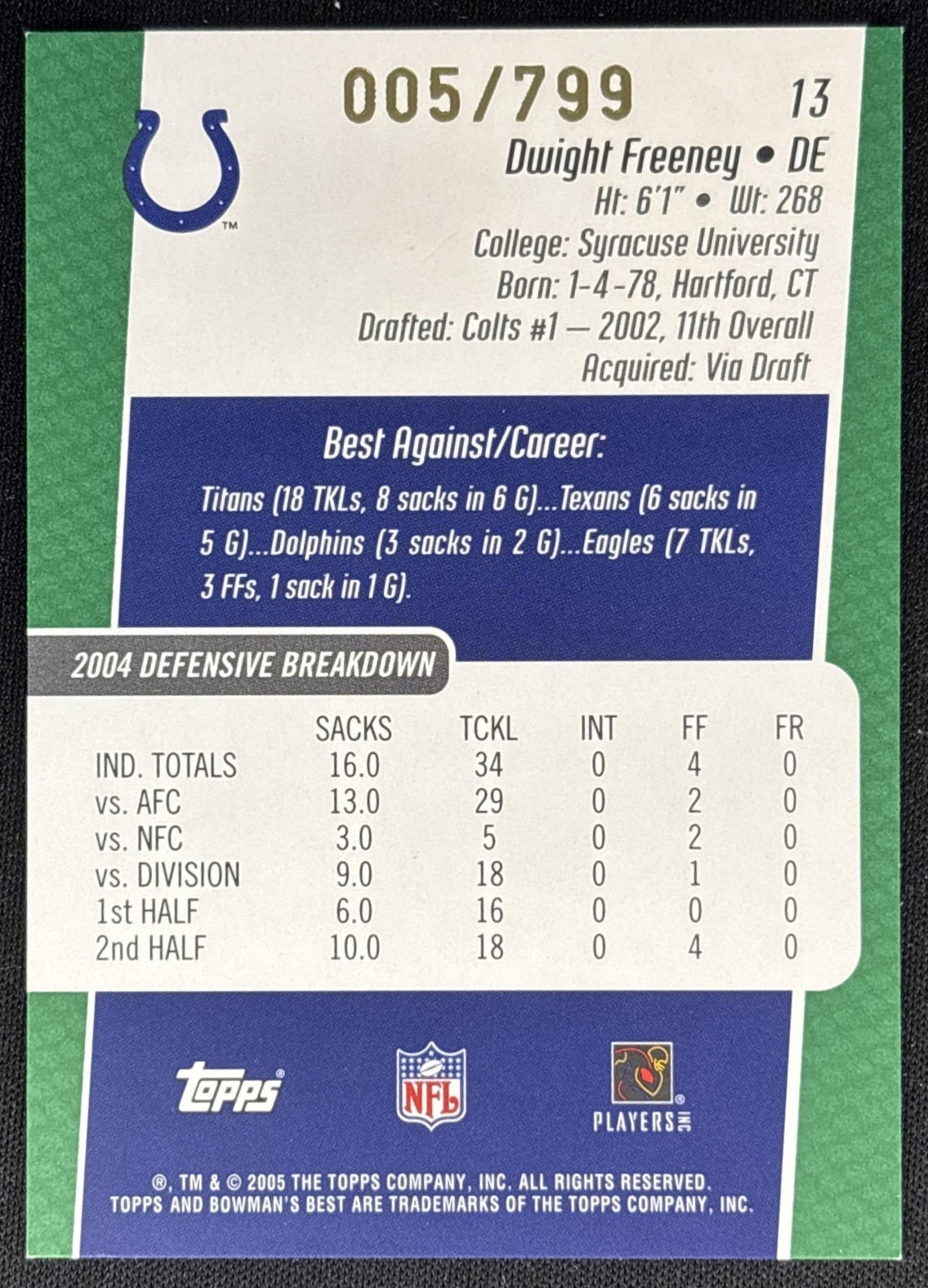 Dwight Freeney 2005 Bowman's Best Green /799 Colts Sports Trading Cards