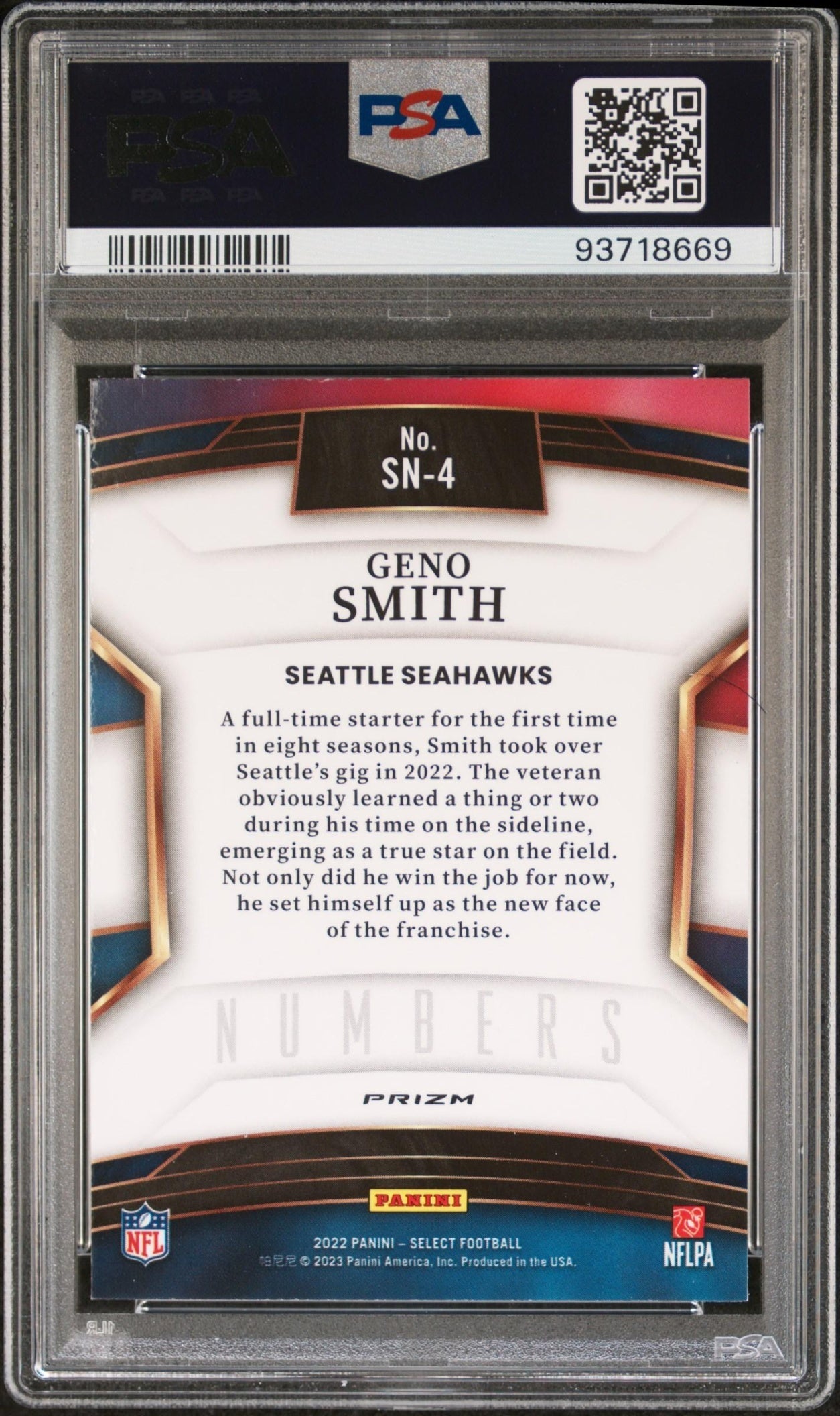 Geno Smith 2022 Select Numbers Zebra Prizm PSA 10 Seahawks - Back