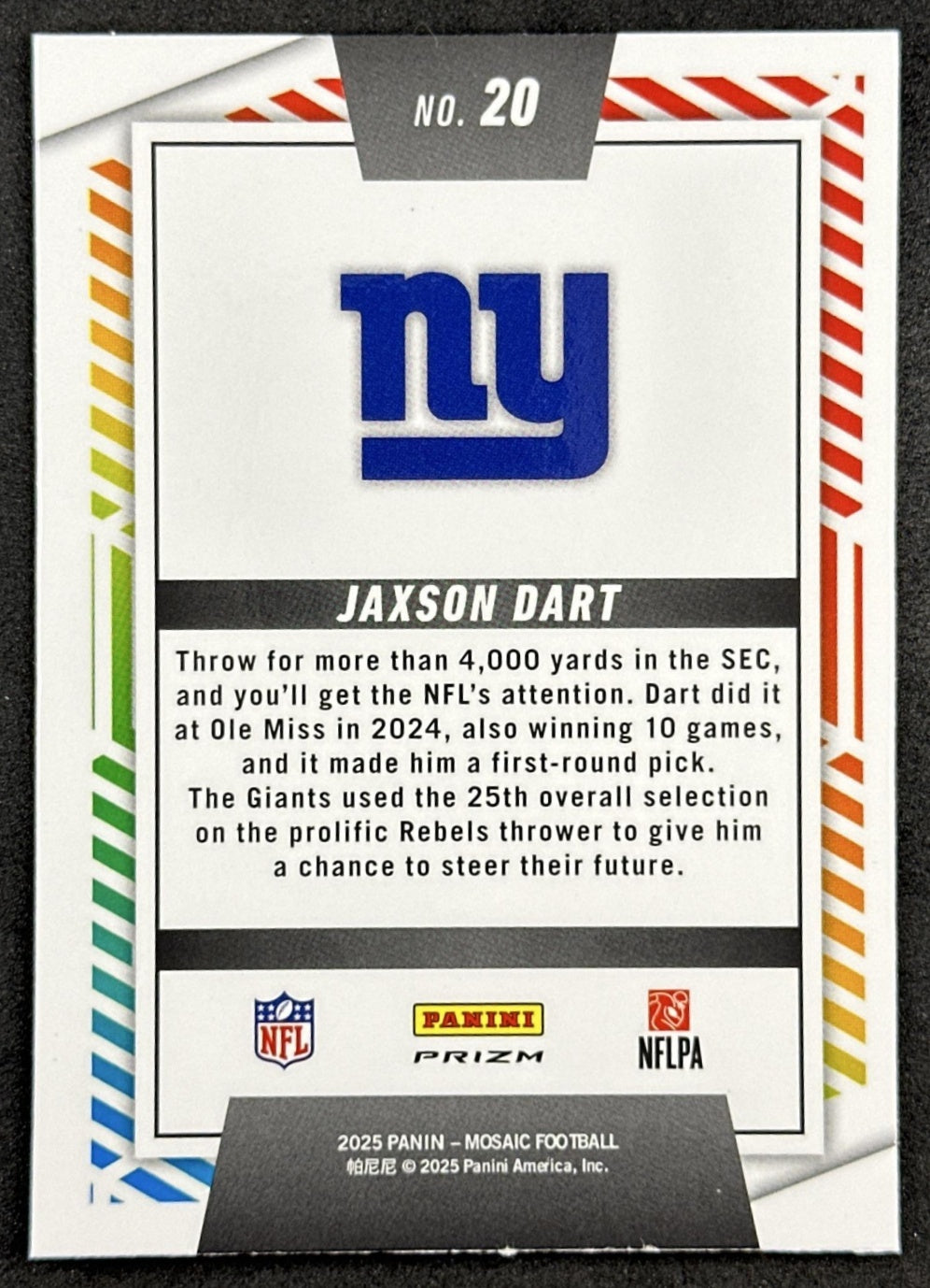 Jaxson Dart 2025 Panini Mosaic Men of Mastery No Huddle Silver Prizm Giants Sports Trading Cards